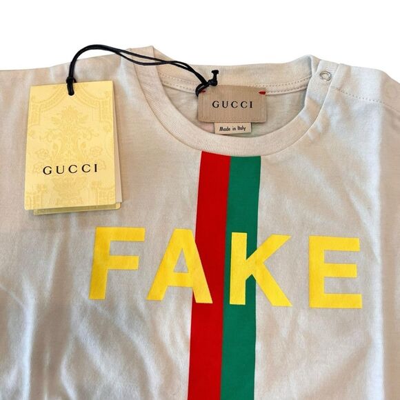 Gucci NWT Kids Fake Not Beige Tee with Yellow, Red, and Green Stripe - Picture 3 of 4